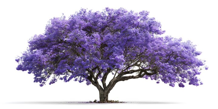 A beautiful jacaranda tree covered in purple blossoms stands alone on a white background.