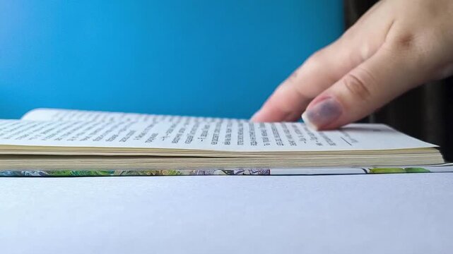 Close up of student reading a book at desk, literature study, reading skills and educational activity.