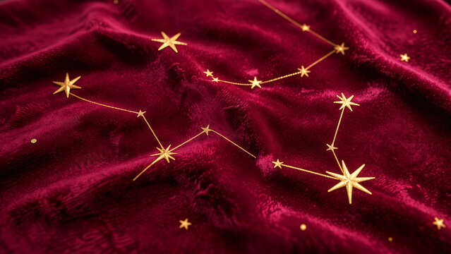 Golden constellations on luxurious deep red velvet fabric