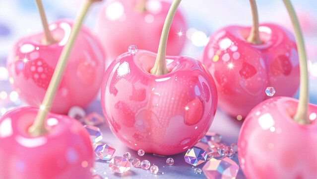 Close-up of shiny pink cherries with sparkling gems and bokeh lights