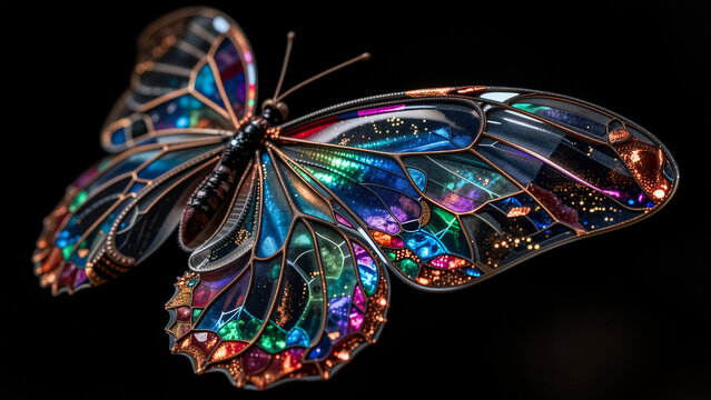A stained glass butterfly with galaxy-like patterns on a black background.
