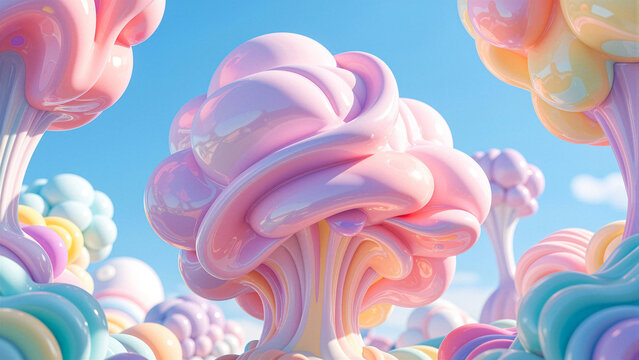 Surreal pastel candy-like structures against a bright blue sky.
