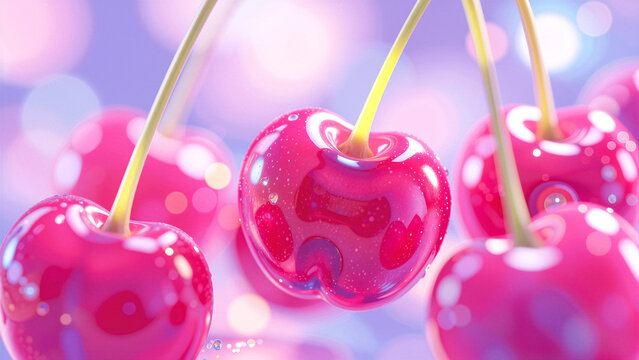Close-up of glossy pink cherries with water droplets and bokeh background