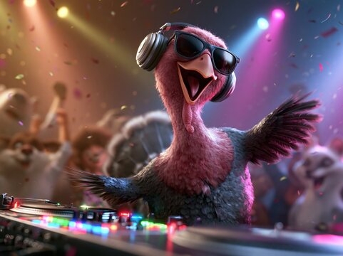 Funny Cartoon Turkey DJ Hosting a Colorful Thanksgiving Party with Animal Friends