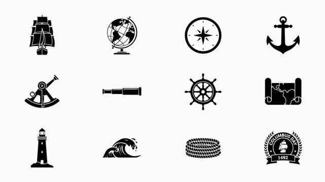 Historical exploration and navigation icon collection in minimalist black with vintage inspired icons representing classic maritime exploration tools symbols