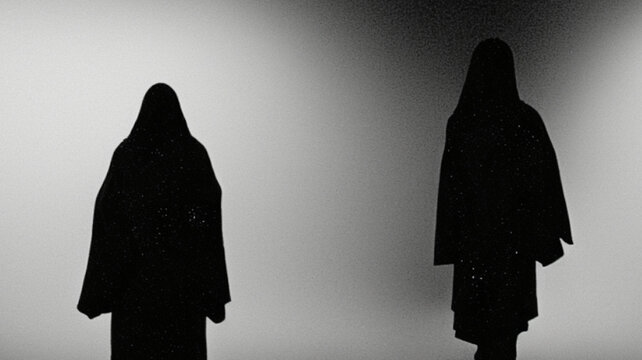 Two Mysterious Long Haired Ghost Figures in Black and White Vintage Horror Scene