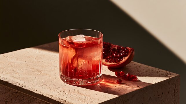 Single glass of pomegranate cocktail with fresh fruit on stone block