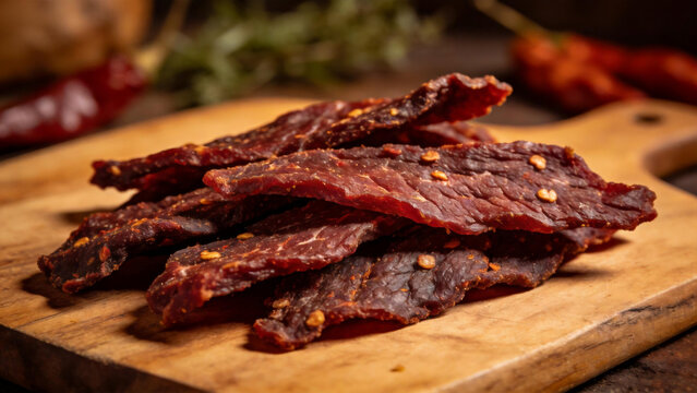 Stack of spicy beef jerky on wooden board