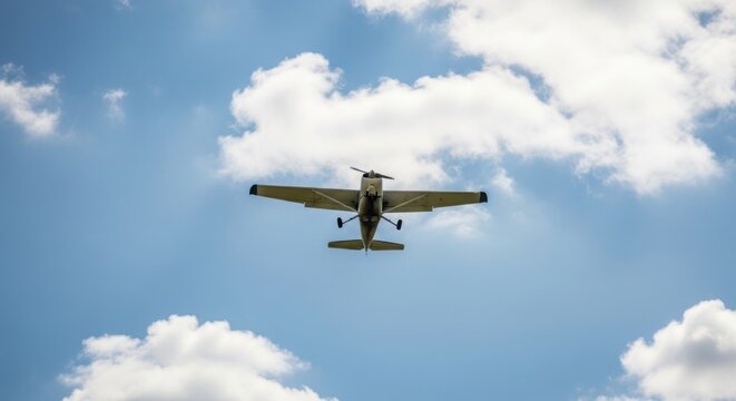 A small airplane flies through a blue sky with white clouds illustration