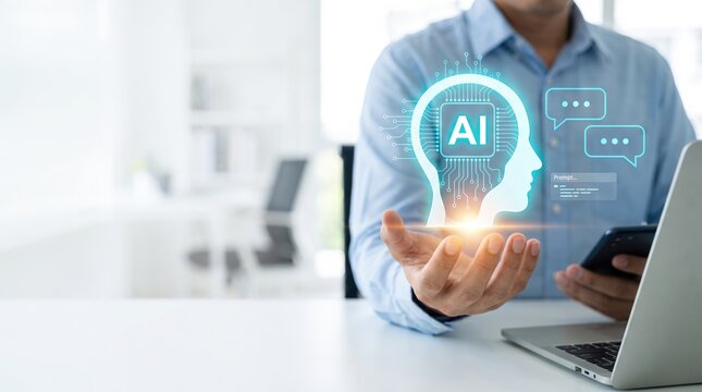 Artificial intelligence head icon glowing over businessman hand. AI chatbot technology interface. Digital brain and machine learning concept.