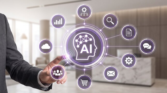 Corporate professional interacting with an artificial intelligence business network interface