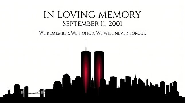 Artistic September 11, 2001 memorial illustration honoring the victims and heroes with a New York City skyline and glowing crimson Twin Towers.