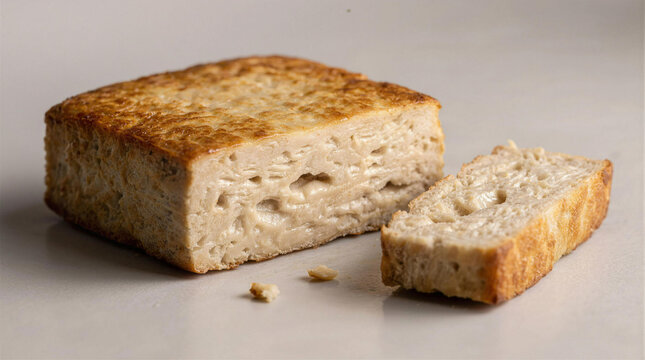 Close up of a freshly baked sourdough bread loaf with a slice cut off