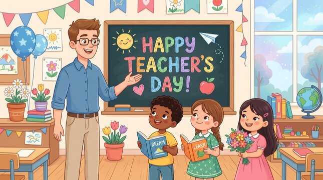 Happy teachers day celebration with smiling teacher and students in colorful classroom scene