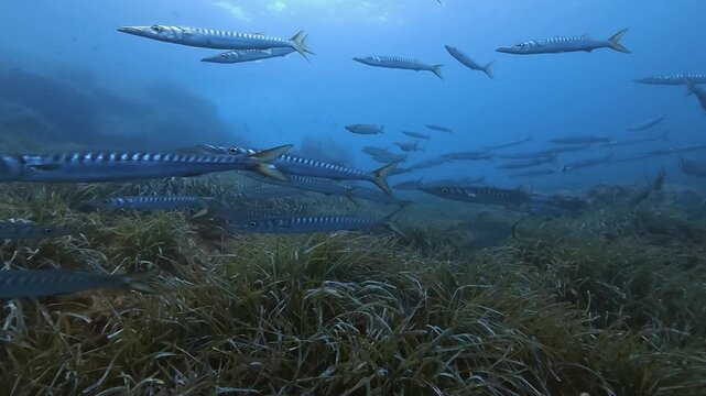 Scuba diving in Majorca with a barracuda fish shoal