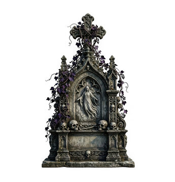 An ornate gothic tombstone with skulls and a ghostly figure carving isolated on transparent background