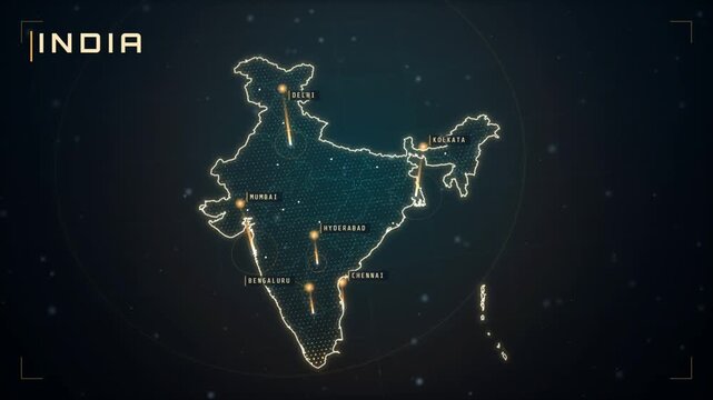 Animated map of India with glowing city markers and light beams over Delhi Mumbai and Chennai