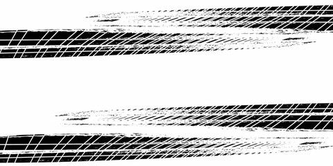 Grunge tire track, wheel braking marks. Truck, car or motorcycle tread pattern silhouette. Auto race, motorsport, speed racing design element. Vector illustration © isma