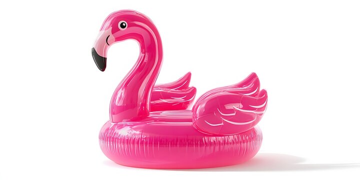 Isolated pink inflatable flamingo pool float on white background