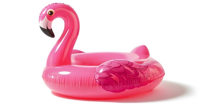 Pink inflatable flamingo pool float rests against a white background.