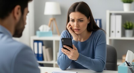 Obraz premium A concerned professional woman sitting at a modern office desk looking at her smartphone with a worried expression while a colleague stands nearby in a bright workspace environment, conveying stress.