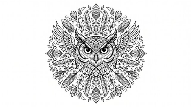Owl mandala illustration featuring intricate tribal patterns and feathered wings, illustration
