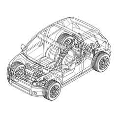 Fototapeta premium Technical of a modern compact car interior and engine components in a detailed black and white wireframe style