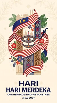 Hari merdeka malaysia independence day poster with traditional batik with cultural batik patterns