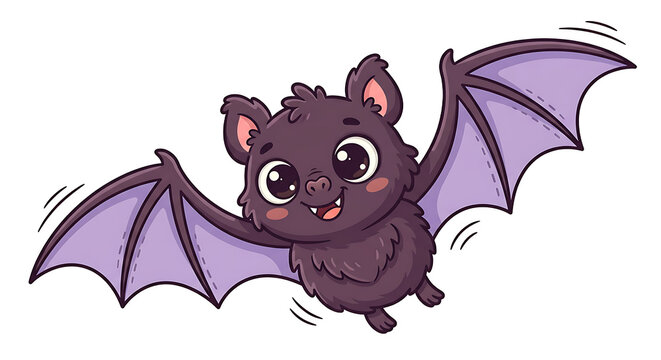 A cute cartoon bat with purple wings and fluffy dark fur, flying with a happy expression, isolated on a plain white background for