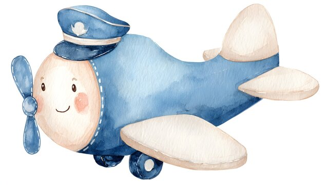 Watercolor illustration of a smiling toy airplane. Perfect for baby shower cards and nautical nursery prints. Blue propeller aircraft isolated on white background