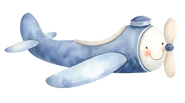 Watercolor illustration of a smiling toy airplane. Perfect for baby shower cards and nautical nursery prints. Blue propeller aircraft isolated on white background