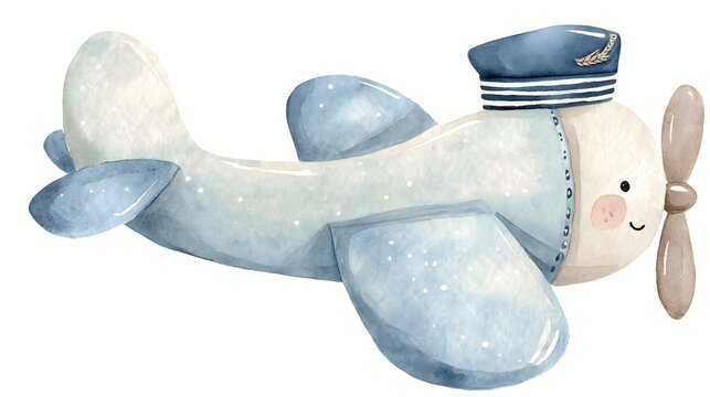 Watercolor illustration of a smiling toy airplane. Perfect for baby shower cards and nautical nursery prints. Blue propeller aircraft isolated on white background
