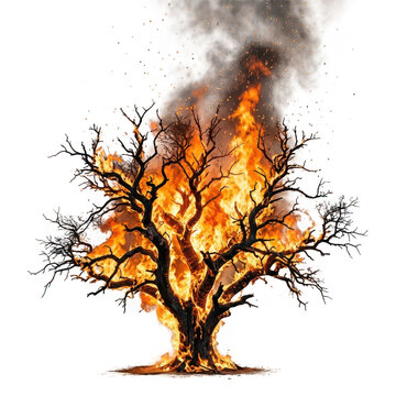 A dead, leafless tree engulfed in bright orange flames and smoke isolated on transparent background