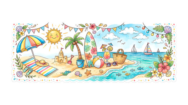 Colorful watercolor summer beach scene with palm tree, surfboard, sandcastle, umbrella, and ocean on a white background