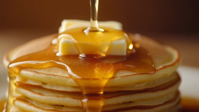 Cinematic macro shot of thick sweet syrup dripping onto freshly made breakfast pancakes.
