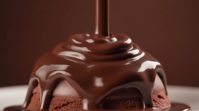 Cinematic macro shot of glossy chocolate ganache dripping smoothly onto a delicious bakery pastry.