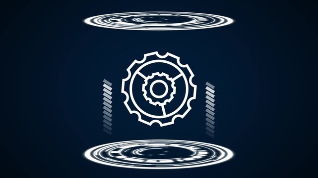 Futuristic gear icon displays glowing rings and telemetry data. Industrial machinery dashboards leverage this gear icon. Futuristic gear icon cogs turn smoothly.