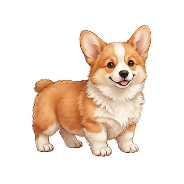 Cute fluffy pembroke welsh corgi puppy standing and looking at the camera with a happy expression isolated on a plain white background