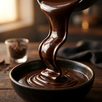 Liquid Dark Chocolate Pouring Smoothly Into a Ceramic Bowl on Rustic Wooden Table