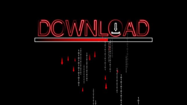 Red neon download sign incorporates binary code streams and arrows. Data transfer security portals deploy this red neon sign. Red neon download sign elements flash red.