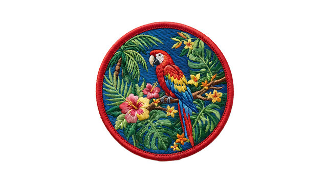 Embroidered circular patch featuring a colorful macaw parrot perched on a branch surrounded by tropical hibiscus flowers and green leaves