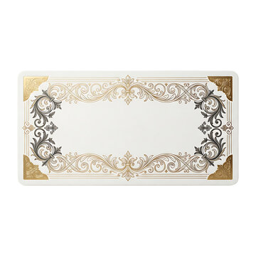 Decorative rectangular frame with ornate gold and black floral scrollwork, isolated on a white background, border for invitations