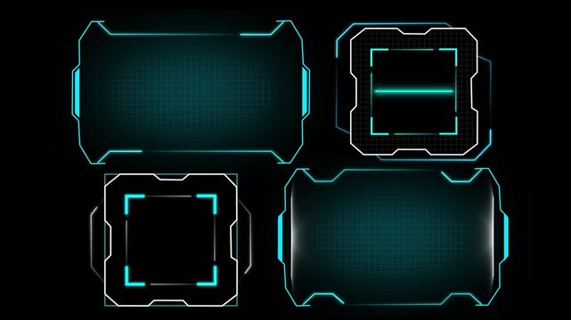 Collection of four futuristic HUD frames displays cyan neon accents. High tech video intro templates integrate HUD frames. Futuristic HUD frames borders pulse fast.