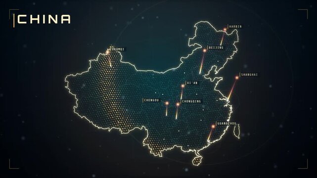 Animated map of China with glowing city markers and light beams over Beijing and Shanghai