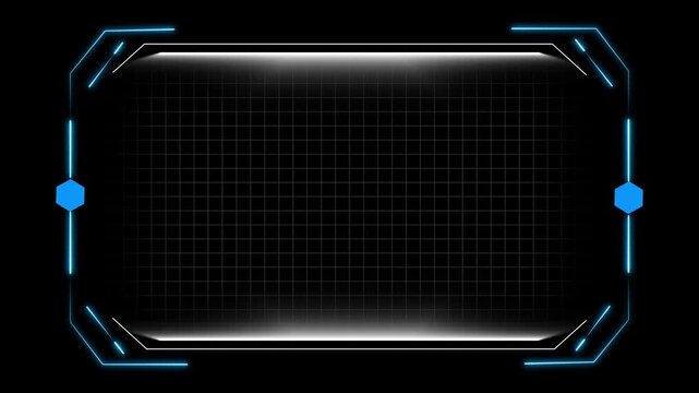 Blue neon futuristic HUD frame coordinates hexagonal grid lines. Digital media presentation slides feature blue neon HUD. Blue neon futuristic HUD frame glows bright.