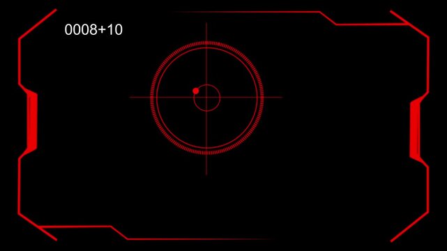 Red crosshair reticle displays digital telemetry metrics on dark. Optics targeting training applications adopt reticle. Red crosshair reticle target turns neat.