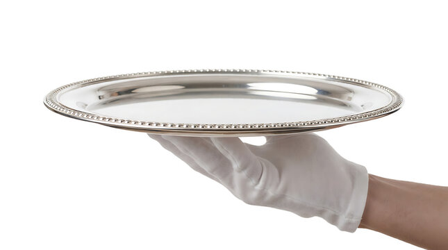 Hand wearing a white glove holding a polished silver serving tray, isolated on a white background, hospitality and service concept