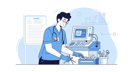 Fototapeta premium Medical Professional Working On a Computer and Examining Medical Supplies in Blue Tones