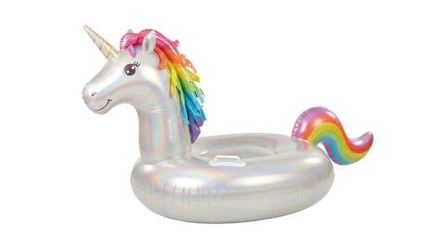 Inflatable unicorn pool float with iridescent finish and rainbow mane and tail isolated on a white background, for summer fun