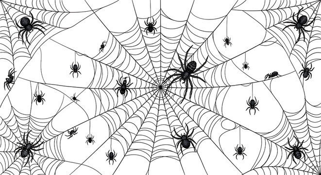 Intricate black spider web pattern with multiple spiders crawling on threads, isolated on a white background, halloween decorative